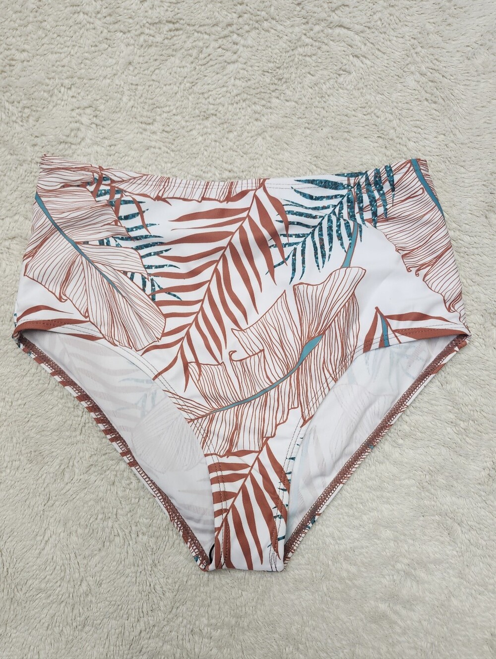 • NWOT Shein High Waisted Bikini Bottom Size Small White Brown Green Leaves Leaf